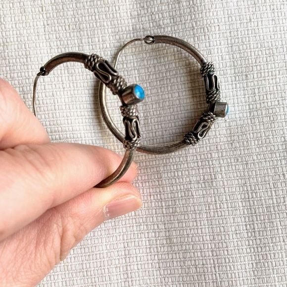 Vintage Large Turquoise Sterling Silver 925 Bali Style Inlay Hoop Post Earrings - Picture 6 of 16